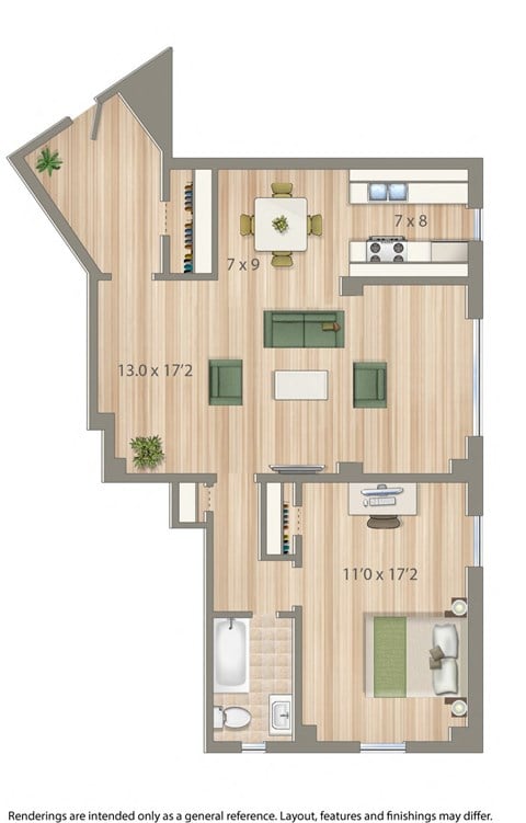 Floor plan for 1 bed, 1 bath, 806 sqft